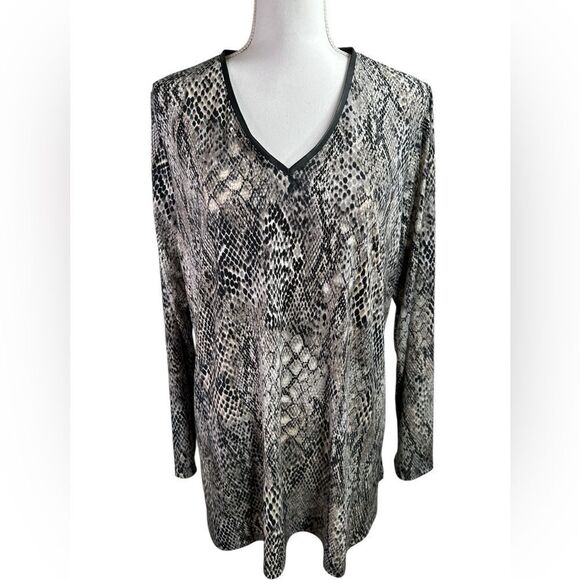 Susan Graver Liquid Knit Snakeskin Faux Leather Trim V-Neck Tunic Size 1X - Picture 1 of 9